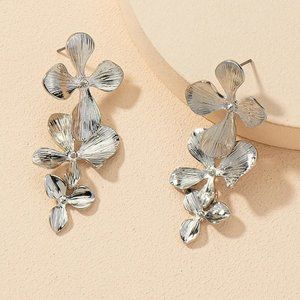 Silver Three Tier Gilded Floral Flower Drop Earrings NEW